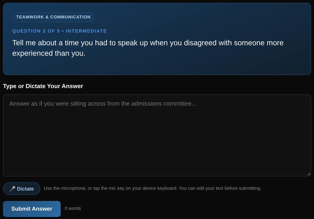 An actual PerfusionPrep AI Interview Coach practice question: a behavioral teamwork question with the dictate-your-answer microphone